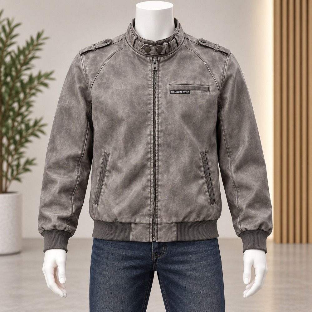 Members Only Iconic Racer Jacket Mens Large Gray Faux Leather Epaulettes